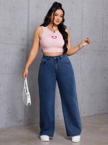 SHEIN ICON 夏季大码女式宽松蓝色带口袋牛仔裤 - 深色水洗藍 - 查看 5
