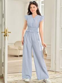 SHEIN Teen Girls 2pcs Set: Comfortable Woven Blue And White Striped Cap Sleeve Blouse And Elastic Waist Wide Leg Pants, Casual Daily Wear, Beach/Resort Vacation