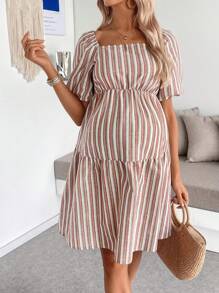 SHEIN 孕妇条纹方领泡泡袖短款休闲连衣裙 - 卡其色 - 查看 5