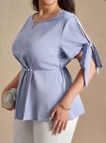 SHEIN Clasi Plus Size Plain Simple Daily Tie Cuff Shirt - Blue - View 5