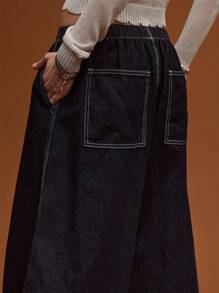 COUREZ Calça Denim Cintura Baixa Ajuste Médio Balão/Y2K/Casual/Algodão/Looks de Verão para Mulheres Algodão Vintage - Lavagem escura - Visão 6