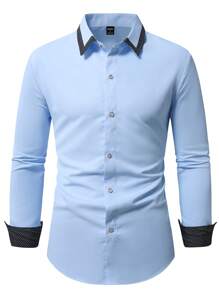 Manfinity Mode Camisa casual de hombre con bloques de color y parches - Azul - Ver 3