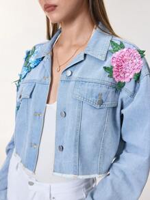 SHEIN Frenchy Chaqueta corta de jean con aplicaciones de bordados y lentejuelas para mujer - Azul - Ver 2