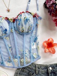 Soleia WYWH 度假绿色鱼骨刺绣网眼文胸，夏季女士服装 - 藍色 - 查看 6