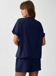 SHEIN LUNE 女士纯色宽松休闲两件套短裤夏季套装 - 藏蓝色 - 查看 3