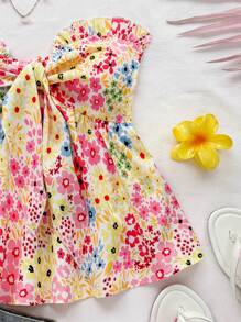 Soleia 女士度假浪漫碎花荷叶边系带蝴蝶结露脐吊带背心 - 彩色 - 查看 4