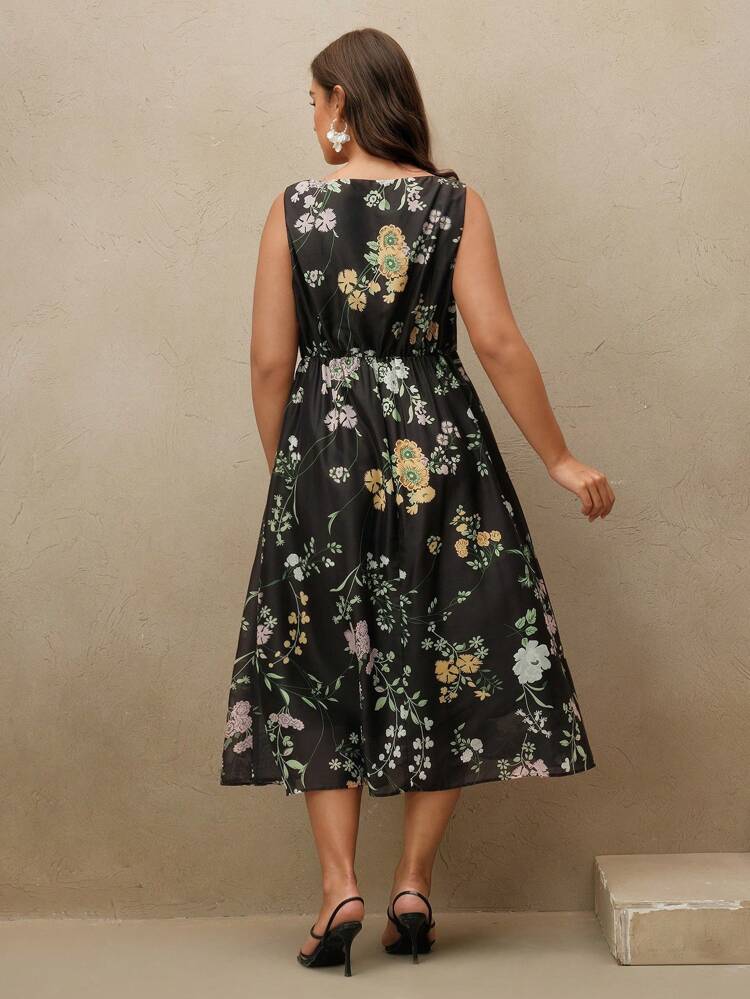 Plus Size Women Sleeveless Waist Cinched Sheer Mesh Midi Dress, For Vacation