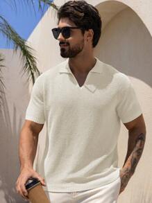 DAZY Men's Solid White Textured Knit Short Sleeve Shirt, Summer - White - View 4