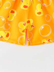 Young Boy Cartoon Duck Print Drawstring Waist Swim Shorts - Orange - View 5