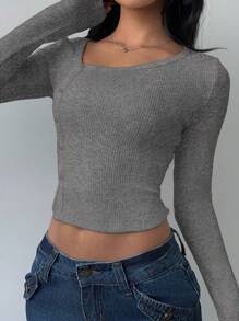 SHEIN BASICS Women's Casual Solid Color Knit Long Sleeve Slim-Fit Sweater - Light Grey - View 3