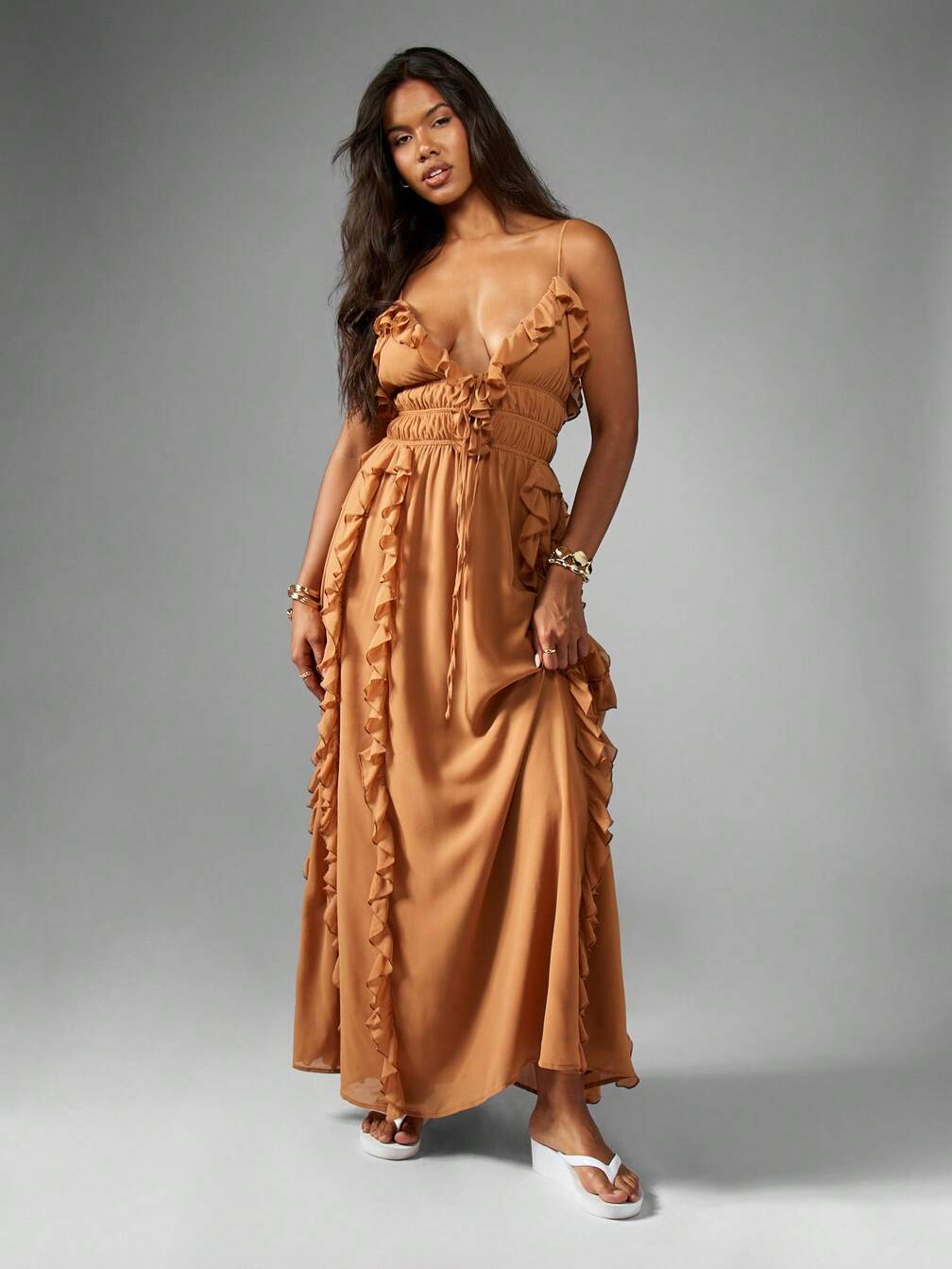 flowing a line dress mazi V-Neck Flowing Sleeves A-Line Ruffles Maxi Dresses
