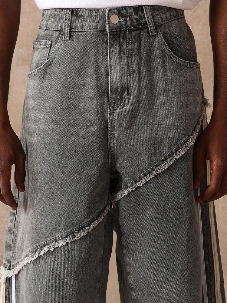 Distressed Baggy Raw Edge Denim Shorts With Side Stripe