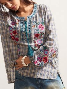 Bohemela 女士格子花卉刺绣长袖上衣 - 彩色 - 查看 4