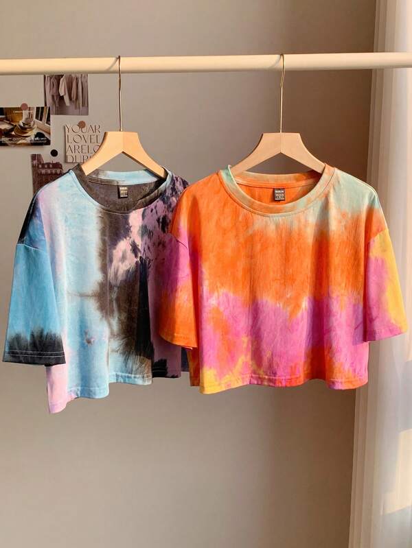 Comfortcana Tie Dye Loose Drop Shoulder Crop T-Shirt For Women