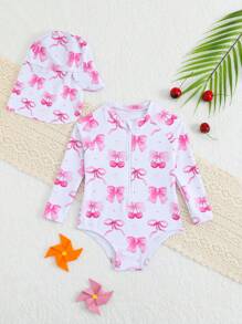 Girls Baby/Infant One-Piece Swimsuit With Random Print Design, Includes Hat - Multicolor - View 1