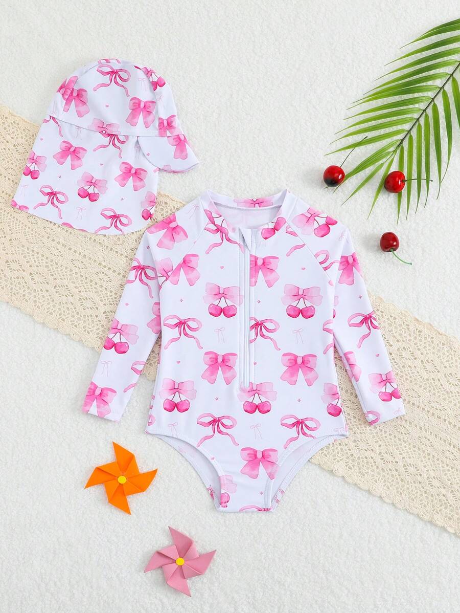 Girls Baby/Infant One-Piece Swimsuit With Random Print Design, Includes Hat - Multicolor - View 1