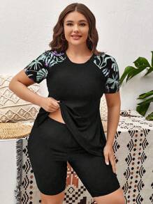 Swim Lushoire Plus Size Tropical Print Patchwork Rashguard Set, Suitable For Summer Beach Vacation - Multicolor - View 1