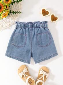 Tween Girl Light-Wash Playful Heart Embroidered Casual Loose Waist Denim Shorts, Simple Fashion Versatile Everyday Wear, School, Campus, College - Light Wash - View 2