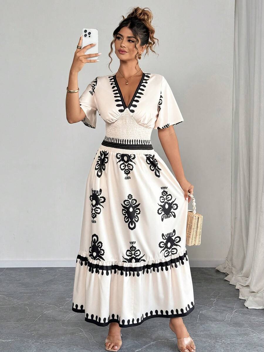 Elenzga 大码休闲度假深褶抽绳腰短袖印花长裙 - 杏色 - 查看 1