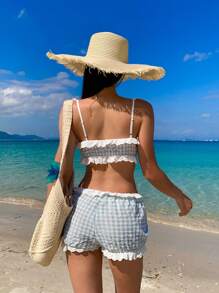 Zolique Women's Cotton Linen Shorts With Floral Patchwork Ruffle & Check Pattern, Casual & Cute, Summer Beach Outfits For Woman Resort Wear - Multicolor - View 2