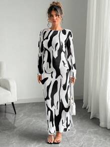 Elenzga Plus Size Long Sleeve Round Neck Fashion Dress, Suitable For Summer Fall Cloth For Women - Multicolor - View 3