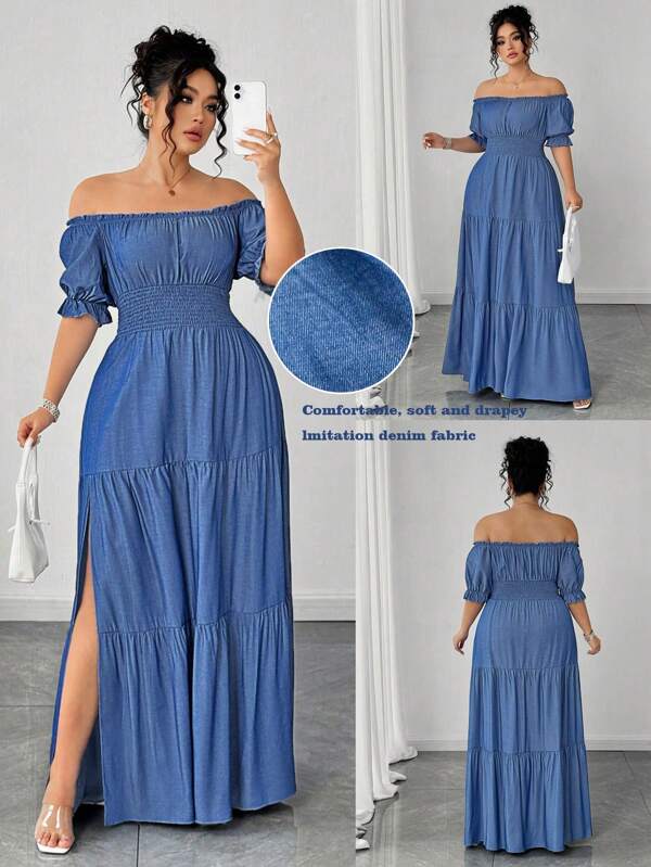 Elenzga Plus Size Women's Spring/Summer Blue Solid Faux Denim Shirred Ruched Waist Elegant Casual Maxi Dress With Side Slit