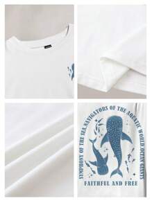 SHEIN EZwear Faithful And Free Oversized Loose Vacation Casual Ocean Whale Print T-Shirt, 50% Cotton Comfortable Fabric, Suitable For Summer Getaway - White - View 6