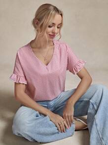 SHEIN LUNE Women's Gingham Printed Blouse With Front Tie, Ruffle Hem, Lantern Sleeve, Casual For Commuting & Outdoor Wear Summer Outfits For Women Vacation Outfits Woman Western Wear Women Boho