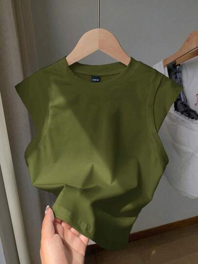 Comfortcana 大码休闲简约军绿色T恤，春夏