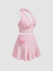 SHEIN MOD Zestaw 2 części w dużym rozmiarze - marszczony top typu halter i marszczona spódnica, różowy - Różowy - Zobacz 3