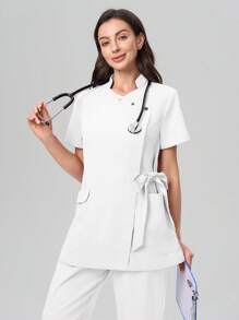 Scrubzie Wrinkle Resistant Short Sleeve Lace-Up Long Shirt And Pants Scrub Uniform Set