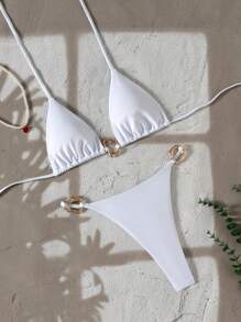 Swim Vcay 女士新款时尚纯色露背金属装饰性感三角白色比基尼套装，适合夏季海滩 - 白色 - 查看 2