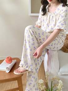 Spring Tween Girl Bowknot Pleated Ditsy Floral Textured Fabric Top And Shorts 2 Pieces Pajama Set