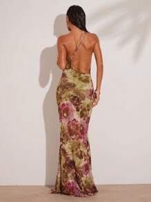 SHEIN BAE Women's Summer Vacation Retro Floral Print One Shoulder Mermaid Hem Dress - Green - View 2