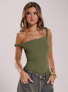 SHEIN BAE Women's Summer Solid Black Asymmetric Neck Twist Detail Casual Bodysuit / Fashion Streetwear, Versatile Minimalist / Sleeveless Fitted Bodysuit - Army Green - View 7