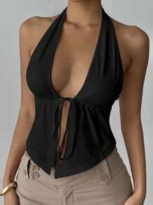 Zyxie Women's Solid Color Slit Hem Front Tie Halter Sexy Tank Top, Summer - Black - View 7