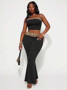 SHEIN SXY Plus Size Women's Spring&Summer Elegant Sexy Basic 2PC-SET With Leopard Patchwork Colorblock Strapless Tube Top And Flared Pants Two Pieces Set,Suitable For Everyday Wear - Multicolor - View 5