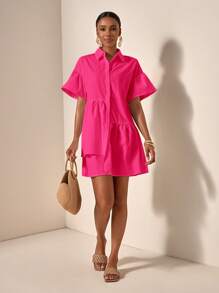 Zivah 束腰鈕扣設計寬鬆夏季休閒連衣裙 - 玫紅色 - 查看 4