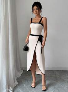Gloray 2 Stücke Kontrast-Farbenes Camisole Jumpsuit und asymmetrischer Wickelrock Set für Frauen