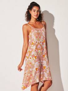 LUVLETTE 新娘内衣柔软人造丝粉色浪漫佩斯利度假图案蝴蝶结绳吊带轻盈睡裙女士睡衣吊带裙性感睡衣女式内衣，春夏 - 藕粉色 - 查看 8