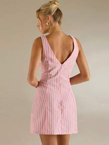 Avantive Summer New Backless A-Line Sleeveless Pink Striped Mini Dress For Women,Business Casual Woman Business Women Attire - Baby Pink - View 2