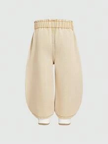 Baby Girl Distressed Medium Wash High Rise Elastic Waist Relaxed Wide Leg Denim Jeans - Khaki - View 2