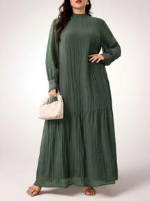 Veilorie Plus Size Casual Solid Color Textured Dress - Green - View 1