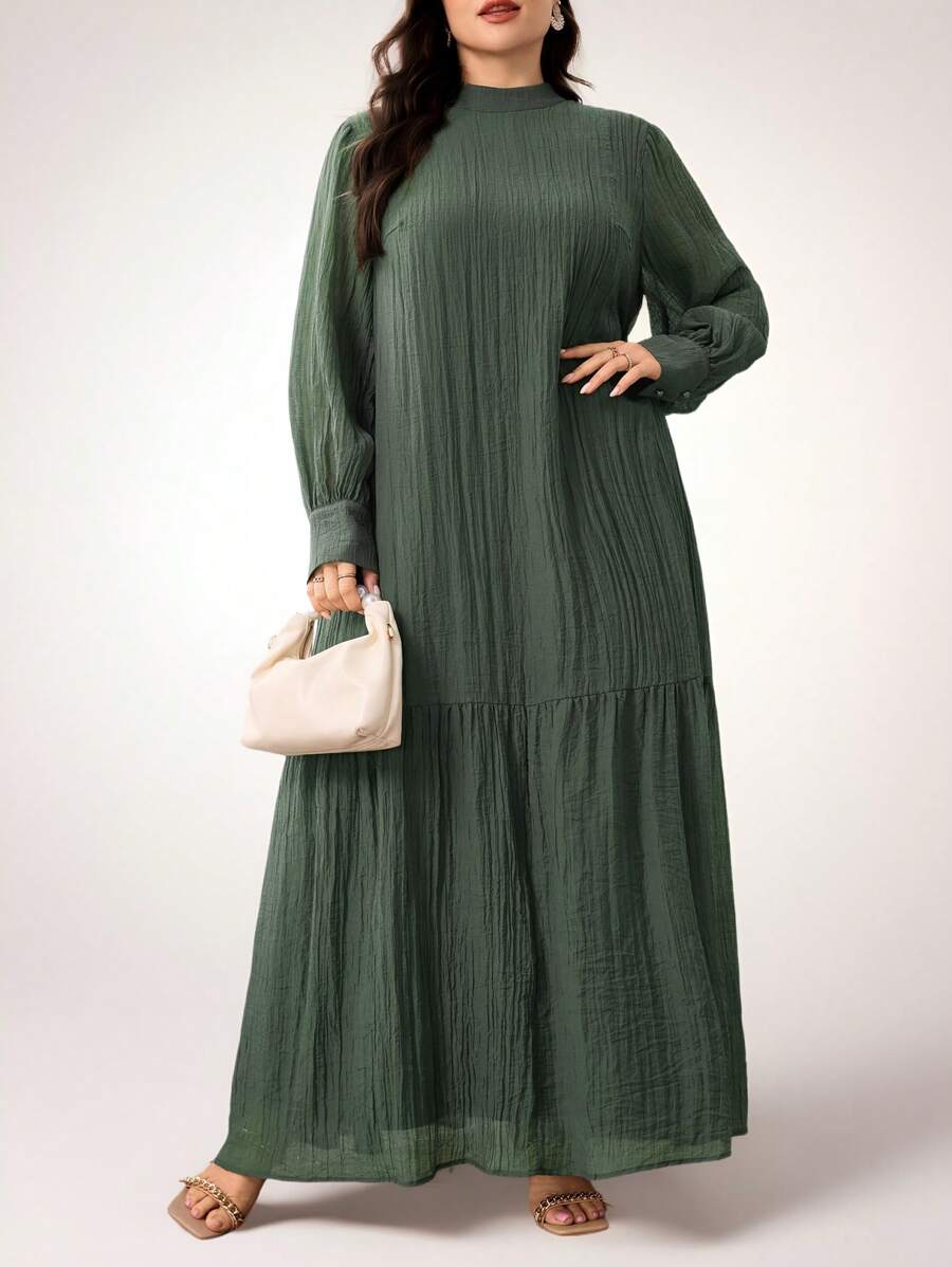 Veilorie Plus Size Casual Solid Color Textured Dress - Green - View 1