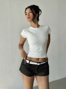 Aloruh Quần Short Nữ Hàng Mới Về, Quần Short Mini Siêu Ngắn Kiểu Dáng Gợi Cảm Màu Trơn Có Thắt Lưng, Thu/Đông - màu đen - Xem 7