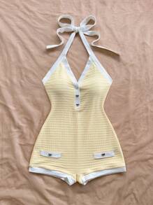 Soleia 女式休闲度假西部海滩婚礼优雅奶油黄色撞色露背吊带连体裤，春夏 - 彩色 - 查看 6