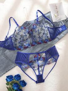 SHEIN 浪漫田园系列钢圈刺绣开裆内衣套装，2件套 - 藍色 - 查看 8