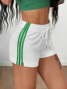 Coolane 女式拼色条纹可爱抽绳短裤 - 白色 - 查看 3