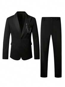 Calvornis 男士纯色斑驳翻领长袖西装外套和裤子商务旅行两件套 - 黑色 - 查看 3