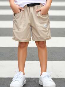 2025 Spring & Summer New Collection Boys Toddler Khaki Mountain Peak & Letter Logo Printed Loose Shorts, Made Of Soft Fabric, Versatile & Comfortable For Sports, Jogging, Playing Football, And Everyday Casual Wear - Khaki - View 7